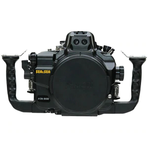 Canon EOS 80D inside a housing case with the lens cap on